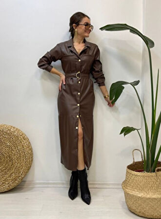 Kahverengi Kemerli Deri Elbise