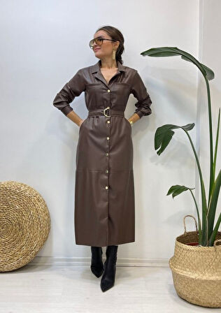 Kahverengi Kemerli Deri Elbise