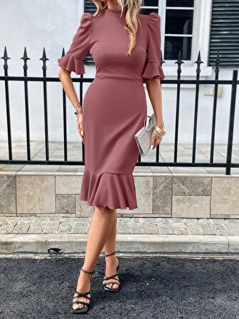 Kadın Kısa Kollu Yarı Balıkçı Yakalı Etek Ucu Fırfırlı Midi Ithal Krep Elbise