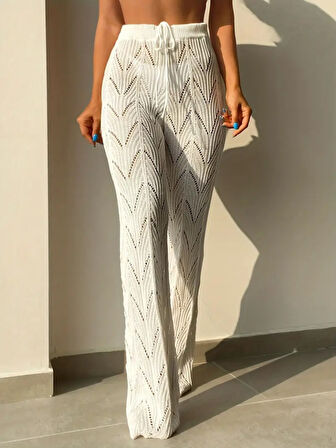 Kadın Yüksek Bel Bağcıklı Desenli Triko Plaj Pantolon