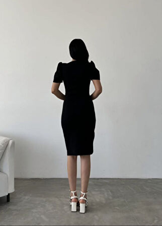 Kadın Dalgıç Krep Kumaş V Yaka Yırtmaç Detaylı Elbise