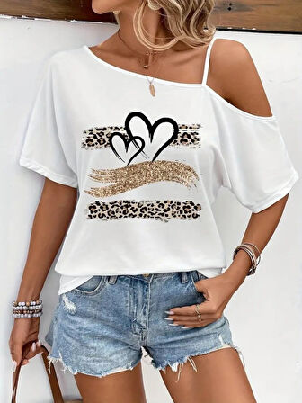 Kadın Tek Omuzu Açık Ip Askılı Baskılı Viskon Bluz