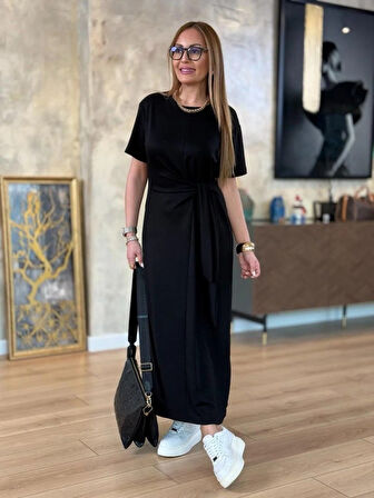 Kadın Kısa Kollu Bisiklet Yaka Yandan Bağlamalı Viskon Iki Iplik Elbise