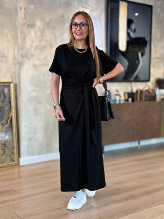 Kadın Kısa Kollu Bisiklet Yaka Yandan Bağlamalı Viskon Iki Iplik Elbise