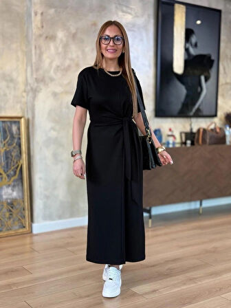 Kadın Kısa Kollu Bisiklet Yaka Yandan Bağlamalı Viskon Iki Iplik Elbise