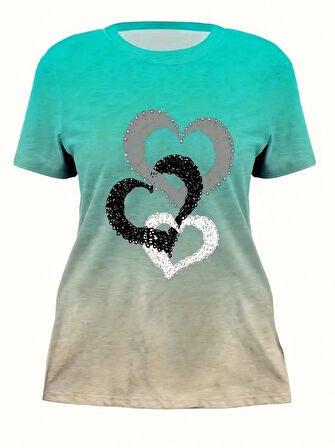 Kadın Kısa Kollu Bisiklet Yaka Kalp Baskılı Süprem Bluz