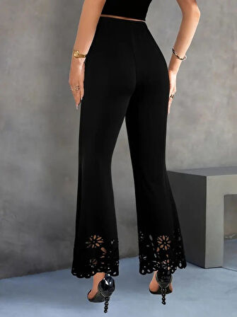 Kadın Yüksek Bel Paçaya Doğru Genişleyen Lazer çiçek Kesim Detaylı Ithal Krep Pantolon