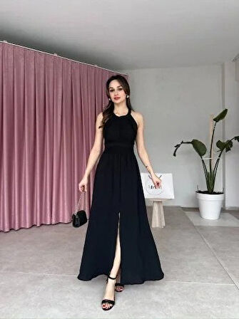 Kadın Krinkil Kumaş Beli Gipeli Halter Yaka Maxi Boy Elbise
