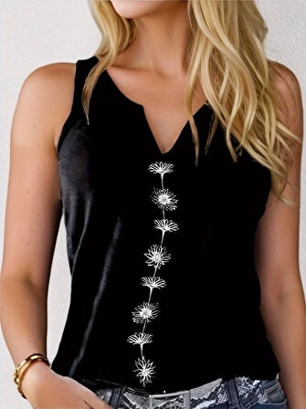 Kadın V Yaka Su Yolu çiçek Baskı Kolsuz Viskon Bluz