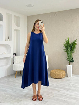 Kadın Askılı Yuvarlak Yakalı Asimetrik Kesim Detaylı Viskon Elbise