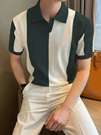 Erkek Kısa Kollu Polo Yakalı Blok Desenli Triko Bluz