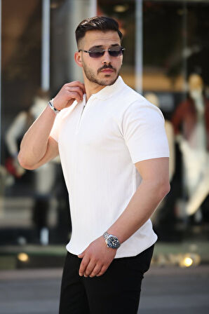 Erkek Yakası Fermuarlı Kısa Kollu T-shirt