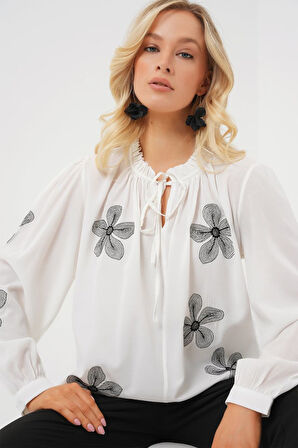 Uzun Kol Nakışlı Örme Bluz 951 - Beyaz