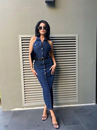 Kadın Düğme Detaylı Belden Kemerli Sırt Dekolte Kot Elbise