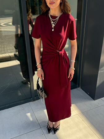 Kadın Kısa Kollu Bisiklet Yaka Yandan Bağlamalı Viskon Iki Iplik Elbise