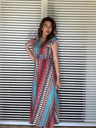 Kadın Kısa Kollu V Yakalı Desenli Yandan Yırtmaçlı Süprem Elbise