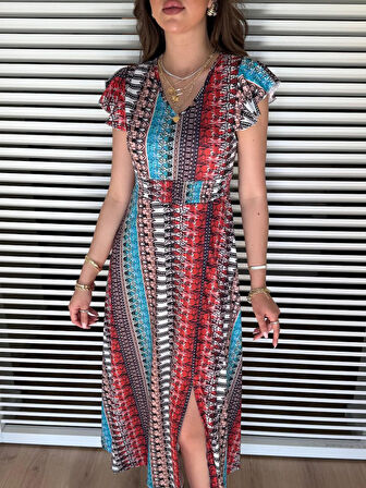 Kadın Kısa Kollu V Yakalı Desenli Yandan Yırtmaçlı Süprem Elbise