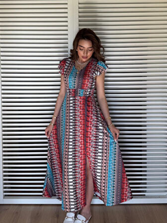 Kadın Kısa Kollu V Yakalı Desenli Yandan Yırtmaçlı Süprem Elbise