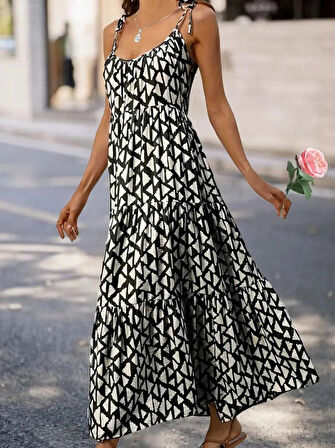 Kadın Askılı Yuvarlak Yaka Fırfırlı Desenli Uzun Bürümcük Elbise