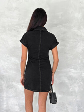 Kısa Kolu Mini Kot Kumaşından Likralı Elbise - Siyah