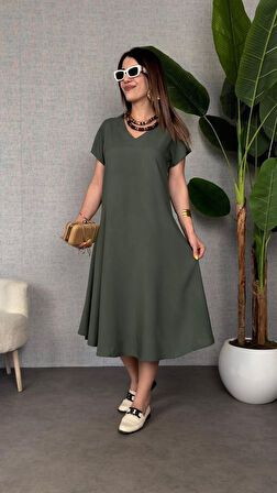Kadın Kısa Kollu V Yaka Salaş Maxi Boy Elbise