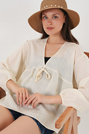 Önü Bağcıklı Uzun Kol Bluz 946 - Krem