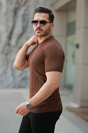 Erkek Kısa Kollu Bisiklet Yaka çizgili Triko Tişört