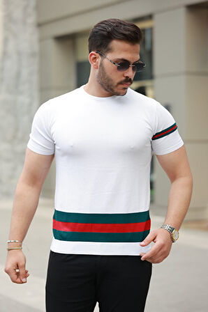 Erkek Bisiklet Yaka Bel Ve Kol şerit Desenli Kısa Kollu Tişört