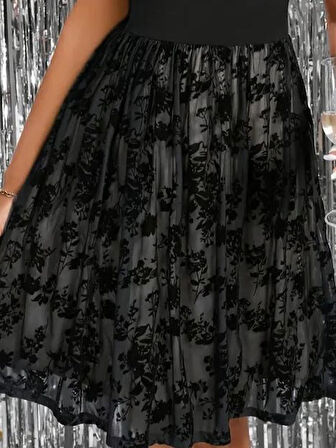 Kadın Kısa Kollu Bisiklet Yaka Tül Flok Baskı Detaylı Elbise