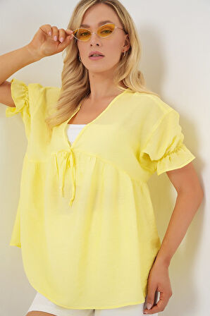 Önü Bağcıklı Kısa Kol Bluz 962 - Sarı