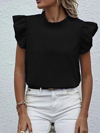 Kadın Kısa Kollu Fırfır Yakalı Bürümcük Bluz