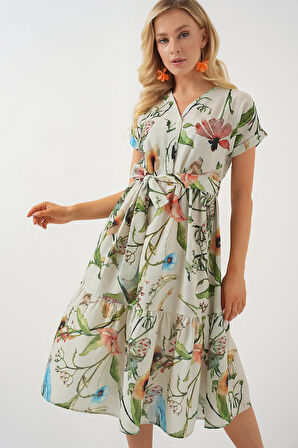 Desenli Kısa Kol Elbise 2558 - Çağla