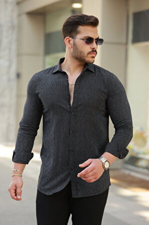 Erkek çizgi Desenli Uzun Kollu Pamuklu Keten Gömlek