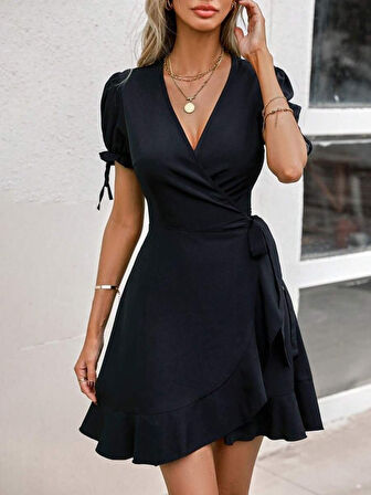 Kadın Kısa Kollu Kruvaze Yakalı Yandan Bağlamalı Janjan Krep Elbise