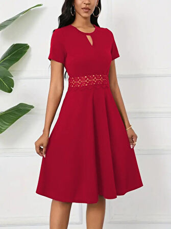 Kadın Kısa Kollu Yuvarlak Yaka Damla Detaylı Janjan Elbise