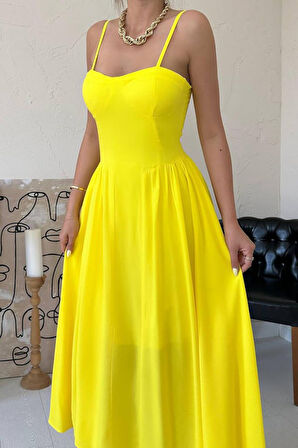 Sarı Göğüs Kuplu Uzun Büzgülü Elbise