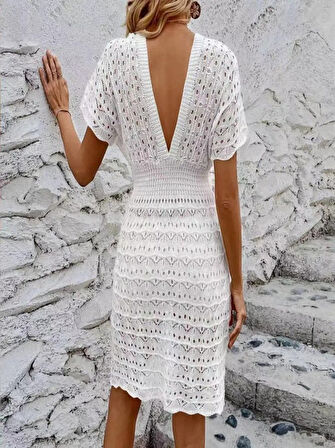 Kadın Kısa Kollu V Yakalı örme Triko Elbise