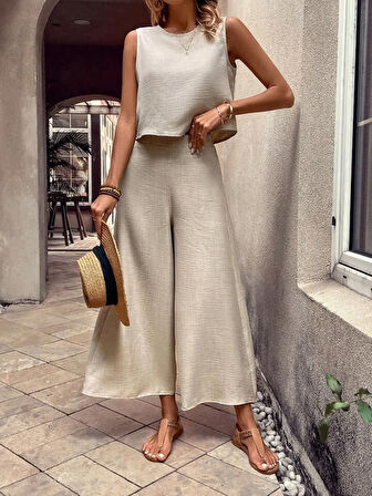 Kadın Bisiklet Yaka Kolsuz Bluz Ve Bol Paça Aerobin Kumaş Ikili Takım