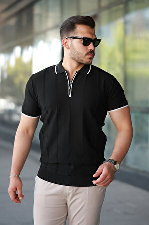 Erkek Dikey Kabartmalı Örgü Dokulu Fermuar Yakalı Tişört