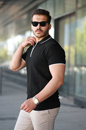 Erkek Dikey Kabartmalı Örgü Dokulu Fermuar Yakalı Tişört