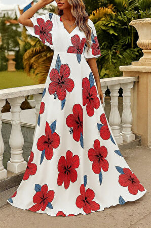 Kadın Kısa Kollu V Yakalı Desenli Süprem Elbise