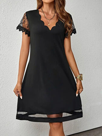 Kadın Kısa Kollu Lazer V Yakalı Etek Ucu Tül Detaylı Janjan Krep Elbise