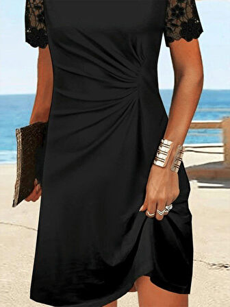 Kadın Kısa Kollu Yuvarlak Yaka Dantel Kol Detay Viskon Elbise