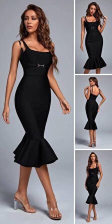 Kadın Omuz Askılı Sırt Dekolteli Interlok Kumaş Midi Kalem Elbise