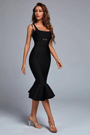 Kadın Omuz Askılı Sırt Dekolteli Interlok Kumaş Midi Kalem Elbise