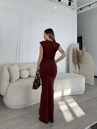Kolsuz Uzun Likralı Elbise - Bordo