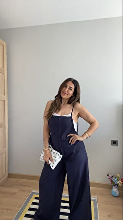 Kadın Askılı Yandan Fermuarlı Geniş Paçalı Valencia Tulum