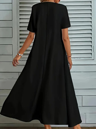 Kadın Kısa Kollu V Yakalı Cep Detaylı Uzun Janjan Krep Elbise