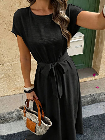 Kadın Kısa Kollu Kayık Yaka Beli Kuşaklı Aerobin Elbise