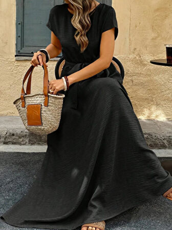 Kadın Kısa Kollu Kayık Yaka Beli Kuşaklı Aerobin Elbise